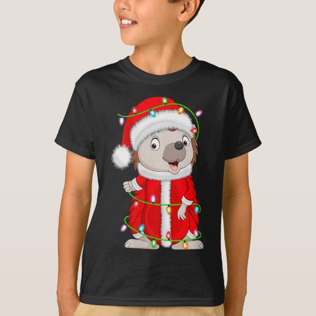 Womens Hedgehog Christmas Lights Santa Costume Cut T-Shirt (Front)