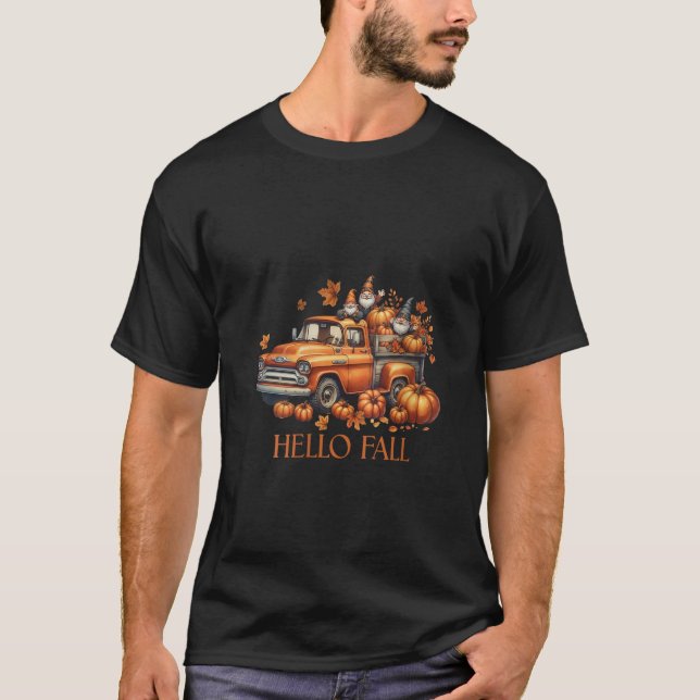 Womens Hello Fall Pumpkin Pickup Truck Gnome Autum T-Shirt (Front)