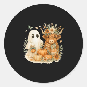 Womens Highland Cow & Ghost Pumpkin Patch Wate Classic Round Sticker