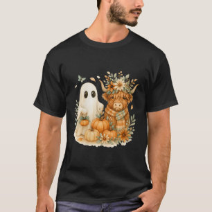 Womens Highland Cow & Ghost Pumpkin Patch Wate T-Shirt