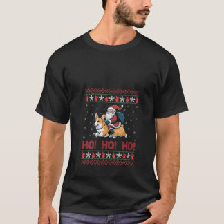 Womens Ho Ho Ho Santa Riding Corgi Dog Ugly Christ T-Shirt