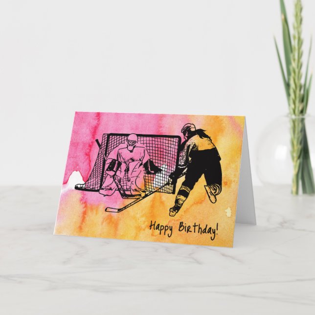 Women's Hockey Birthday Card Ink Sketch watercolor (Front)