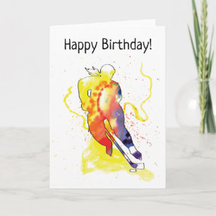 Women's Hockey Player Watercolor Birthday Card