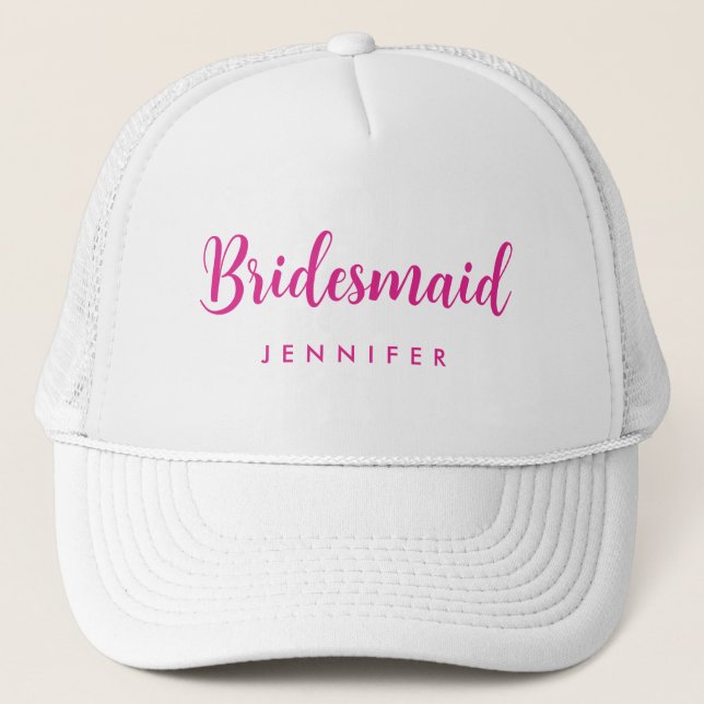 Womens Hot Pink Bachelorette Bridesmaid Name Trucker Hat (Front)