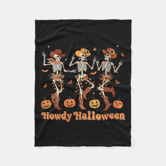Womens Howdy Halloween Cowboy Cowgirl Skeleton Dan Fleece Blanket (Front)