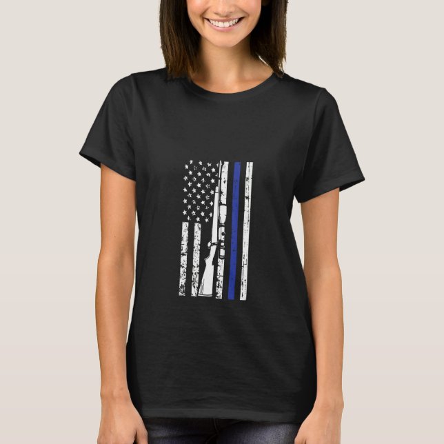 Womens Hunting American Flag Gun Blue Line Police  T-Shirt (Front)