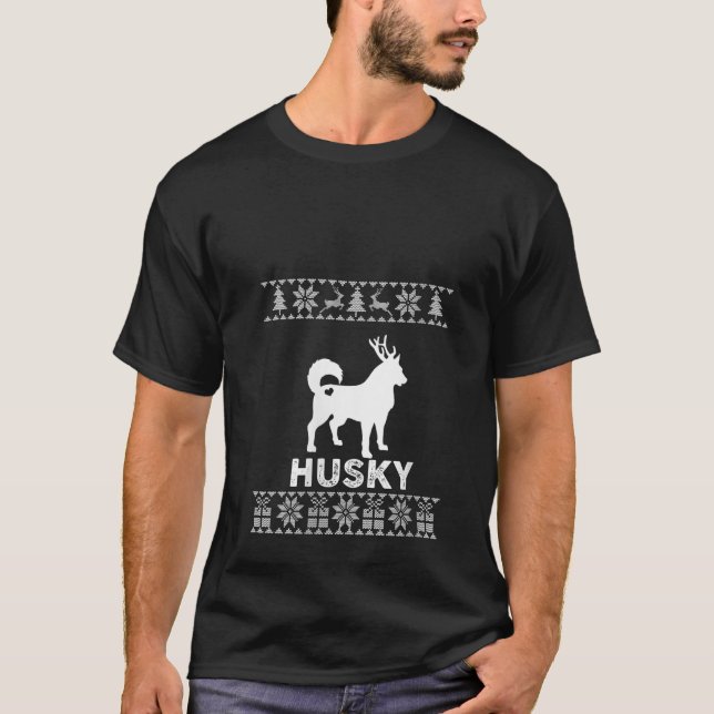 Womens Husky Dog Lover Christmas Reindeer Ugly Chr T-Shirt (Front)