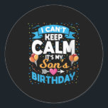 Womens I Can't Keep Calm It's My Son Birthday V-ne Classic Round Sticker<br><div class="desc">Womens I Can't Keep Calm It's My Son Birthday V-neck</div>