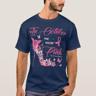 Womens In October We Wear Pink Butterflies Breast  T-Shirt
