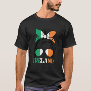 Womens Ireland Girl Messy Hair Bun Sunglasses Band T-Shirt