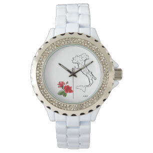 *~* Women's Italia Italy Map Roses Rhinestones Watch