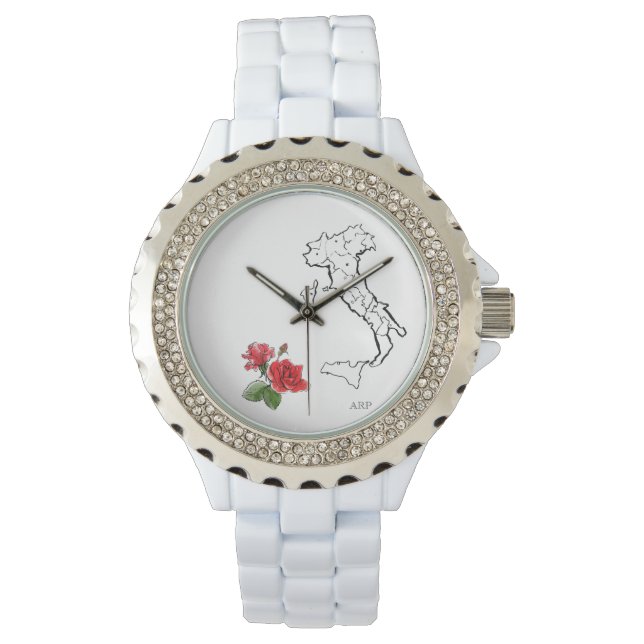 *~* Women's Italia Italy Map Roses Rhinestones Watch (Front)