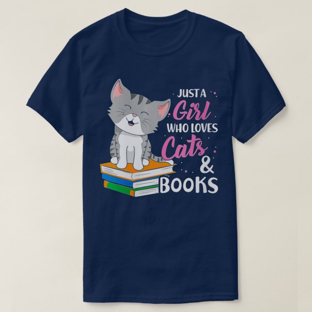Womens Just A Girl Who Loves Cats And Books Animal T-Shirt (Design Front)