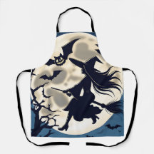 Womens Kitchen Aprons, Halloween Full Moon Witch 