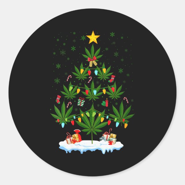 Womens Leaf Christmas Tree Weed Stoner Xmas V-neck Classic Round Sticker (Front)