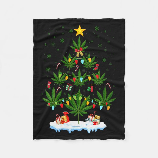 Womens Leaf Christmas Tree Weed Stoner Xmas V-neck Fleece Blanket (Front)