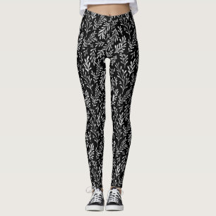 Women's leggings black white leaf 