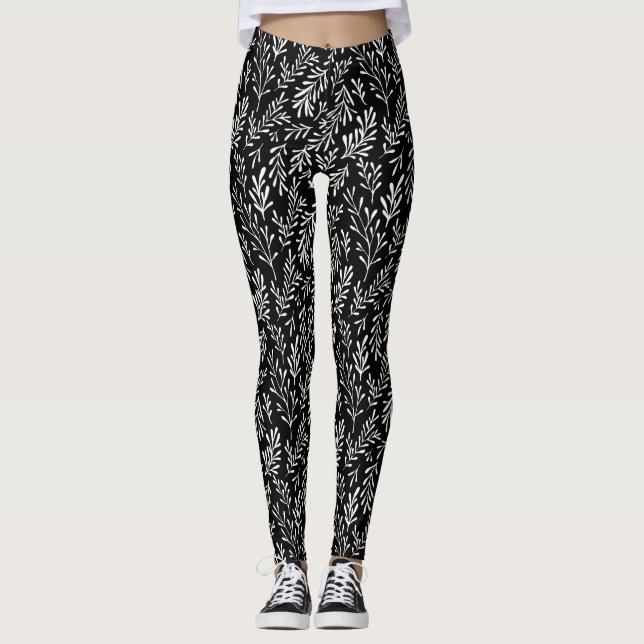 Women's leggings black white leaf  (Front)