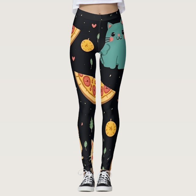 Women's Leggings Cat and Pizza Print (Front)
