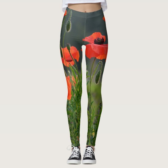 Women's Leggings | Eco Fitness Poppy Field 2 (Front)
