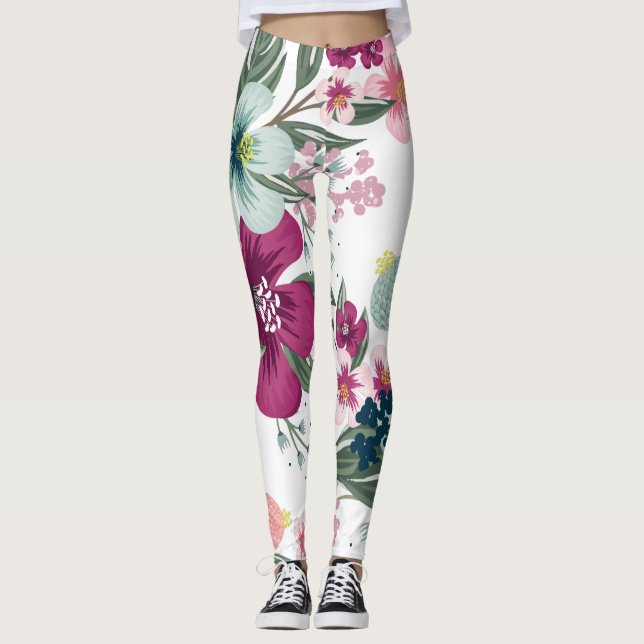 Women's Leggings Tropical Flowers on White (Front)