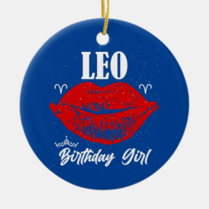 Womens Leo Birthday Girl Red Lipps Ceramic Tree Decoration