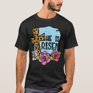 Womens Leopard Cross He Is Risen Easter Jesus Reli T-Shirt
