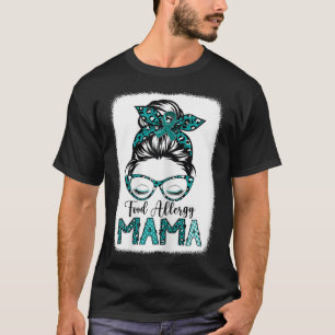 Womens Leopard Messy Bun Teal Ribbon Food Allergy T-Shirt