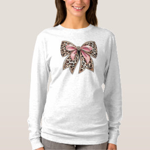 Women's Leopard Print and Pink Bow Long Sleeve  T-Shirt