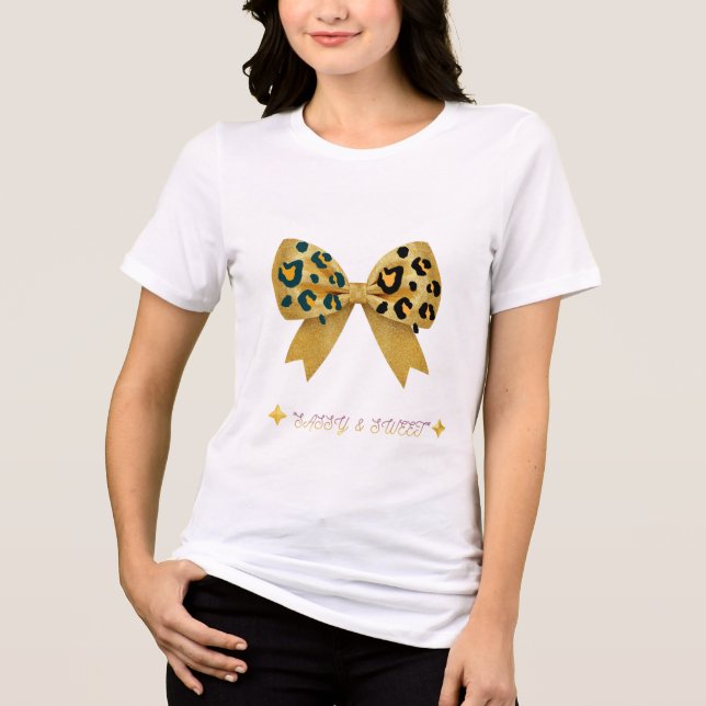 Women's Leopard Print and Pink Bow Long Sleeve  Tri-Blend Shirt (Front)