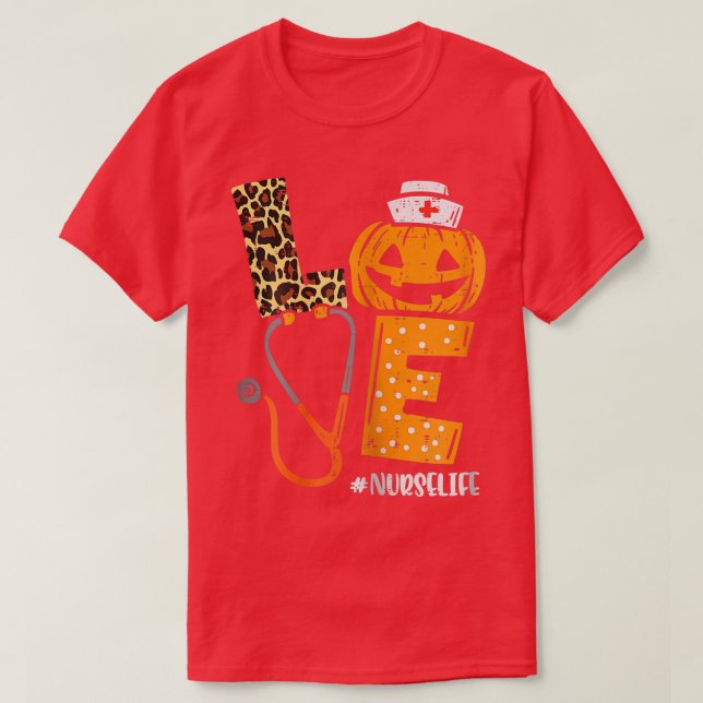 Womens Love Nurse Pumpkin Leopard Fall Halloween T T-Shirt (Design Front)