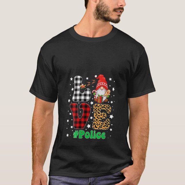 Womens Love Police Gnome Christmas Leopard Plaid X T-Shirt (Front)