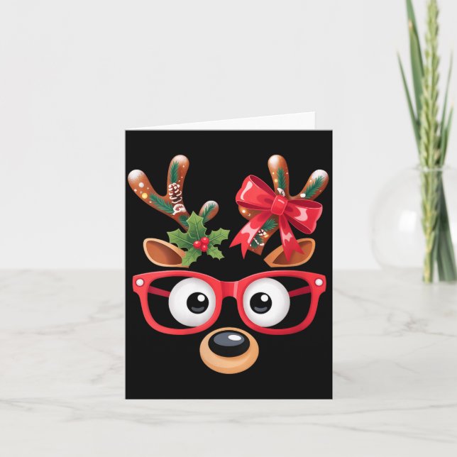 Womens Matching Family Christmas Reindeer Face Gle Card (Front)