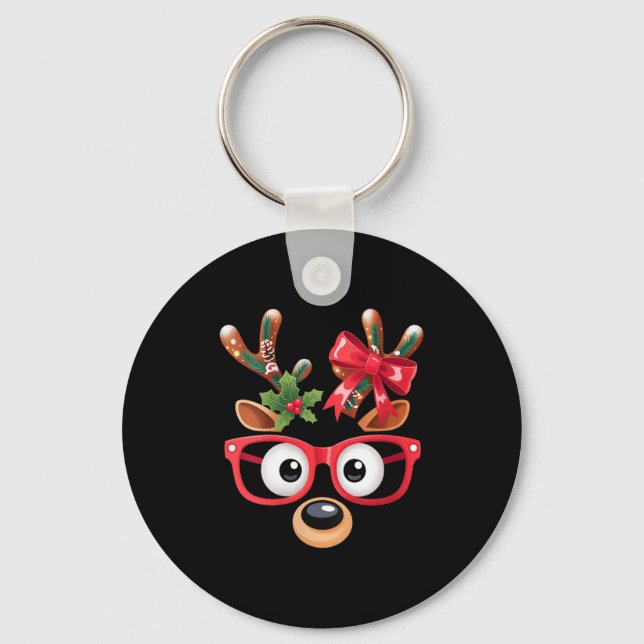 Womens Matching Family Christmas Reindeer Face Gle Key Ring (Front)