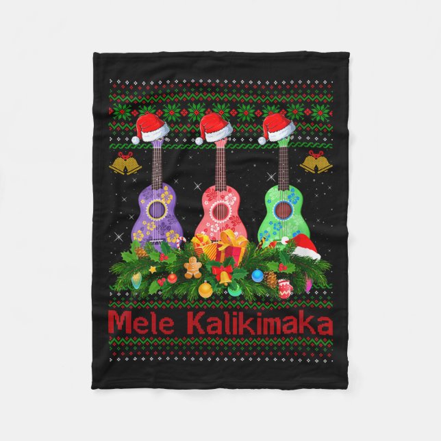 Womens Mele Kalikimaka Ukulele Guitar Ugly Xmas Sw Fleece Blanket (Front)