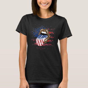 Womens Mens Leopard American Flag Lips 4th Of July T-Shirt