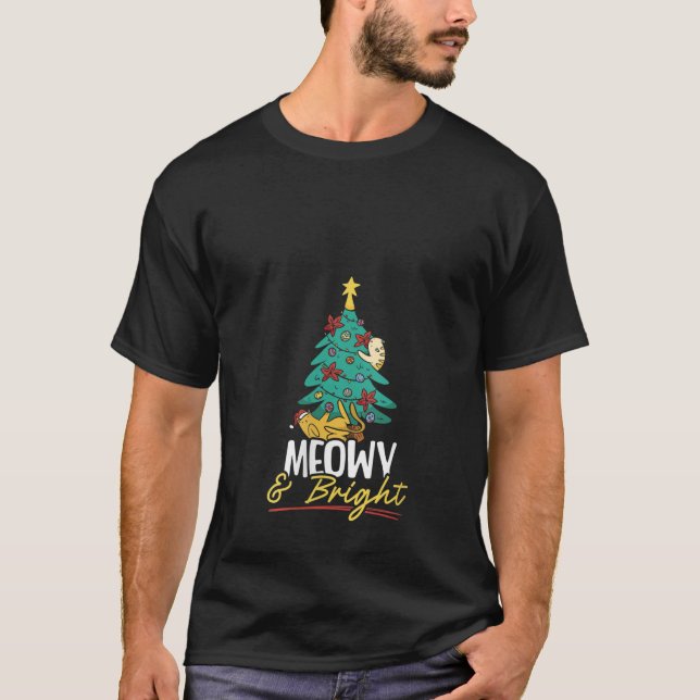 Womens Meowy And Bright Christmas Day Cat Lover Ki T-Shirt (Front)
