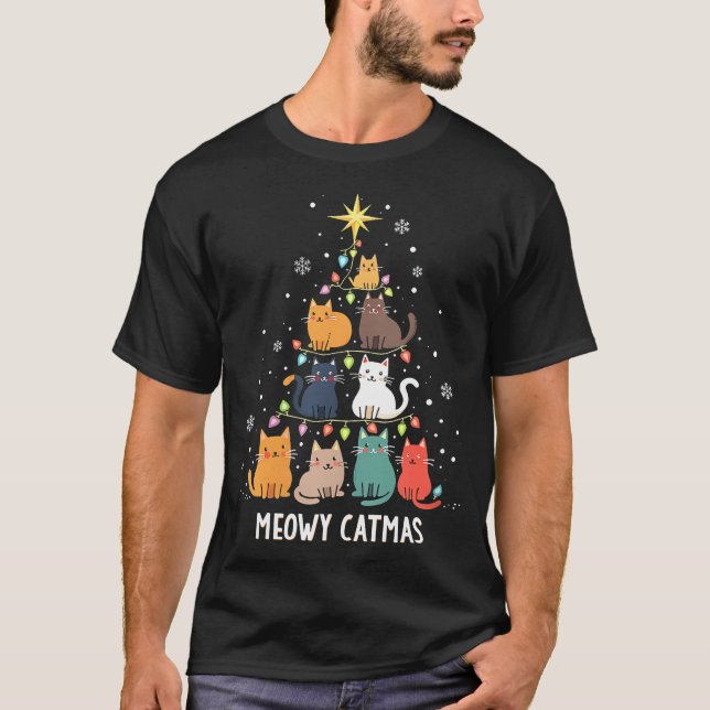 Womens Meowy Catmas Cat Christmas Tree Xmas Boys T-Shirt (Front)