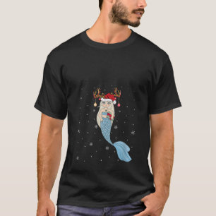 Womens Mermaid Lover Xmas Reindeer Santa Hat Merma T-Shirt