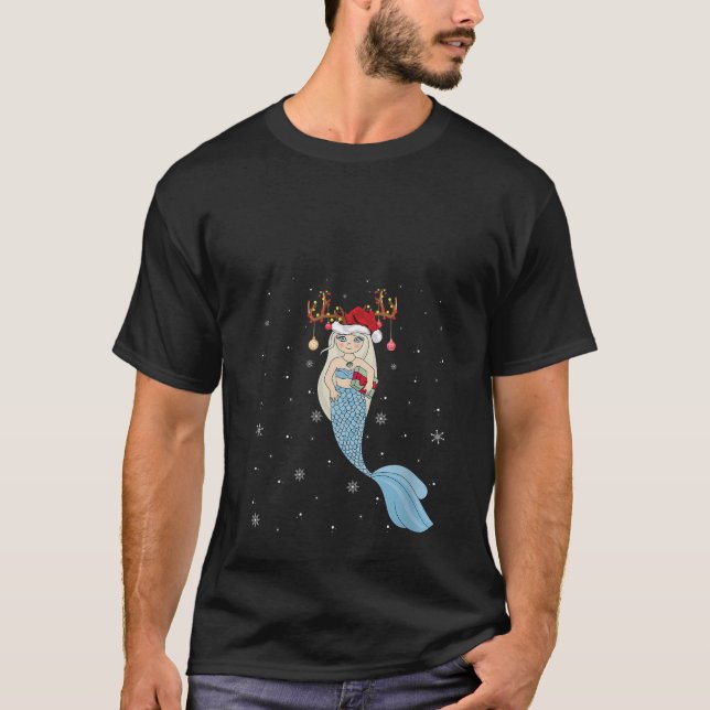 Womens Mermaid Lover Xmas Reindeer Santa Hat Merma T-Shirt (Front)