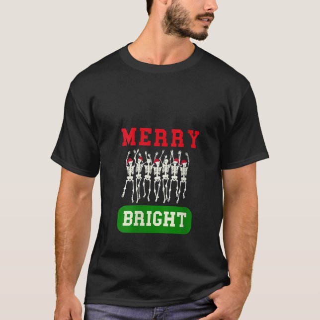 Womens Merry and Bright Christmas Skeletons V Neck T-Shirt (Front)