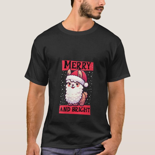 Womens Merry and Bright Cute Llama in a Santa Hat  T-Shirt (Front)