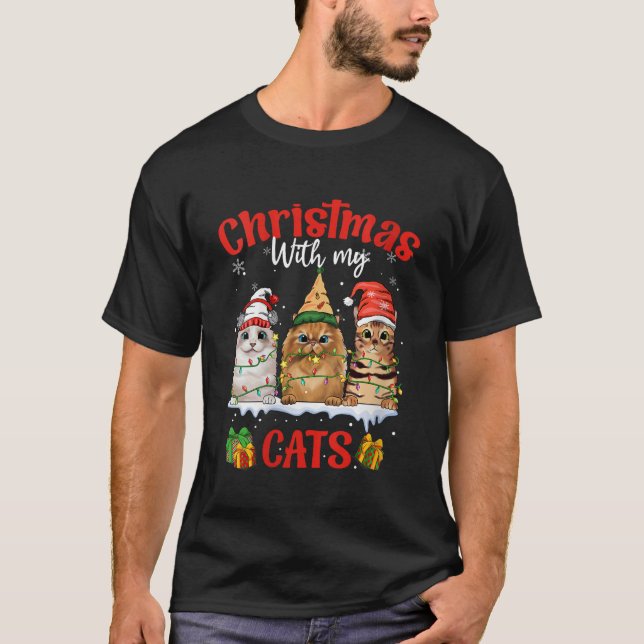 Womens Merry and Bright with Cats Christmas With M T-Shirt (Front)