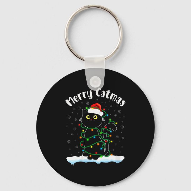 Womens Merry Catmas Cat Wearing Santa Hat Black Ca Key Ring (Front)