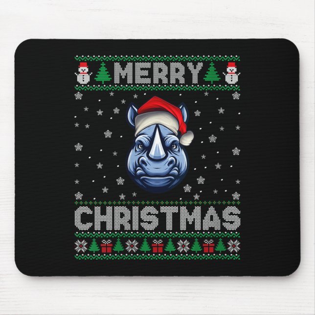 Womens Merry Christmas 2025 Rhino Santa Hat Ugly X Mouse Mat (Front)