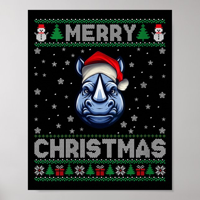 Womens Merry Christmas 2025 Rhino Santa Hat Ugly X Poster (Front)