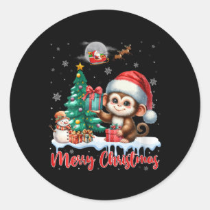 Womens Merry Christmas Cute Monkey Santa Hat Monke Classic Round Sticker