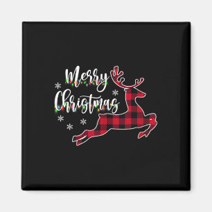 Womens Merry Christmas Reindeer Buffalo Plaid Red Magnet