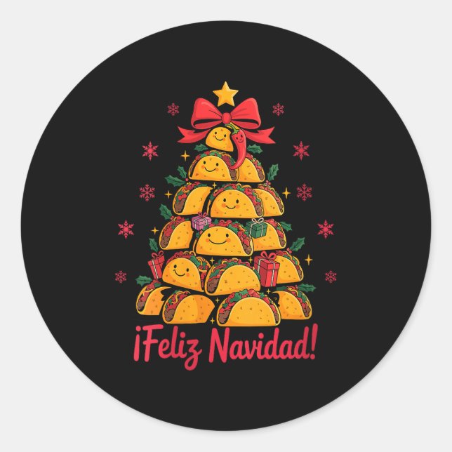 Womens Merry Christmas Tacos Tree Feliz Navidad Me Classic Round Sticker (Front)