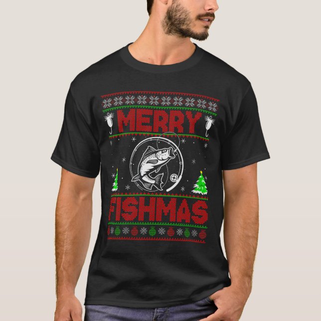 Womens Merry Fishmas B Fish Fishing Ugly Christmas T-Shirt (Front)